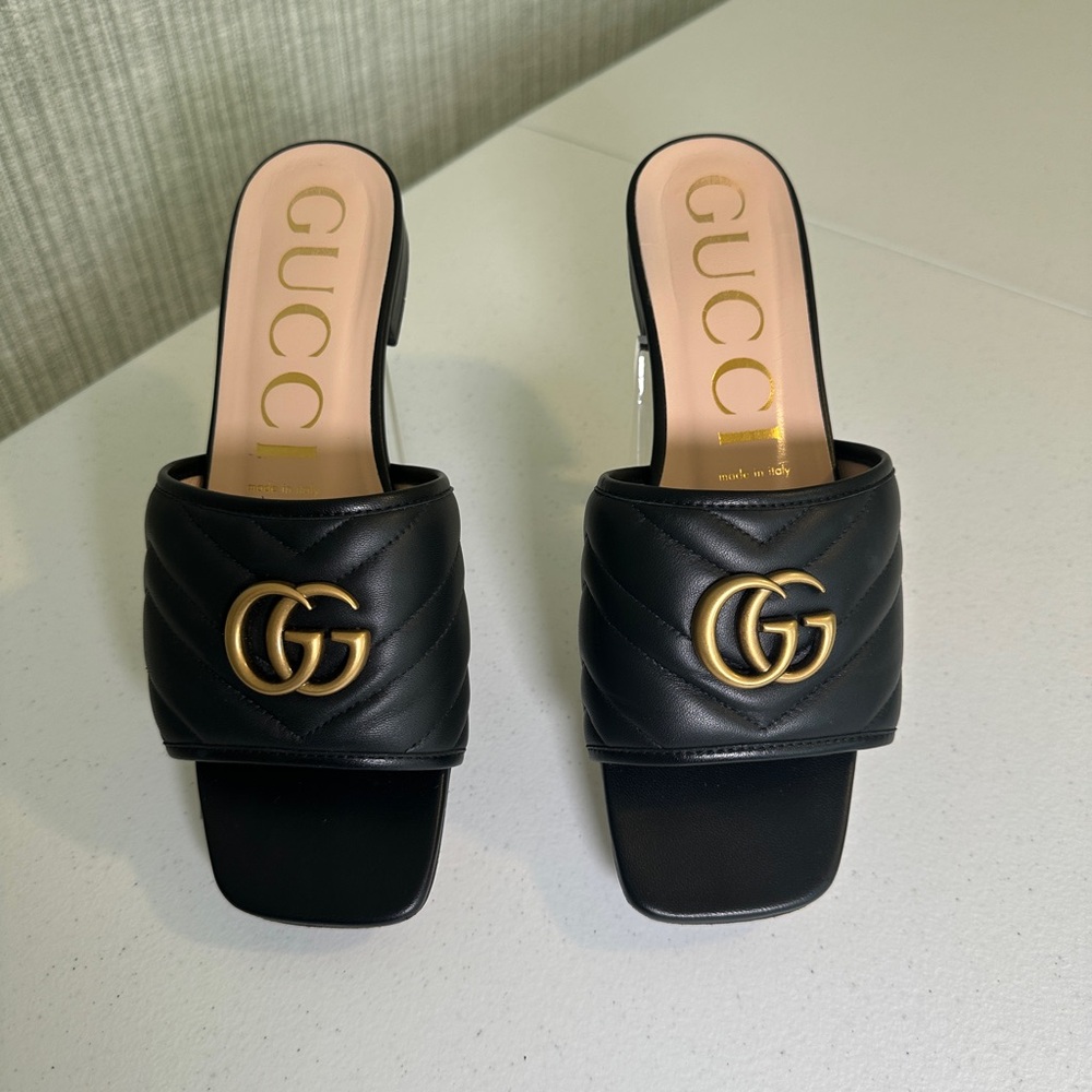 Gucci Marmont Double G Matelassé Leather Slide Sandals Black EU 39+